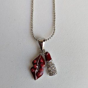 Rhinestone Lips Red Lipstick Silver Tone Single Layer Charms Necklace